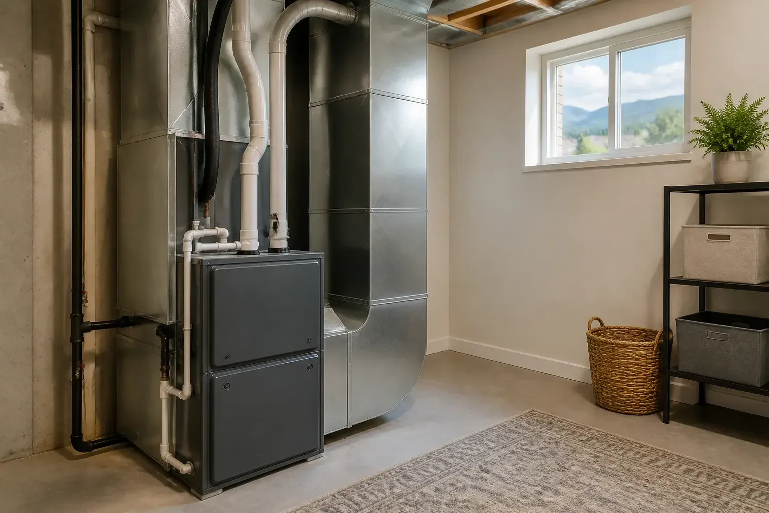 Finished HVAC installation in a tidy utility room.