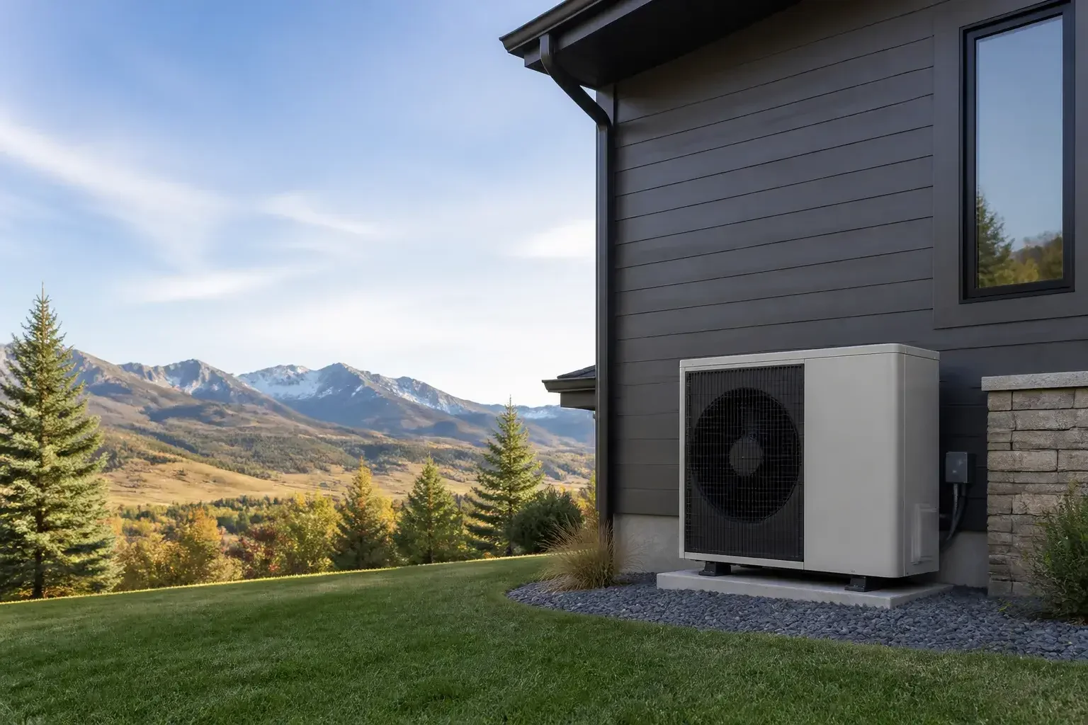 Modern outdoor heat pump beside a tidy home with open space.
