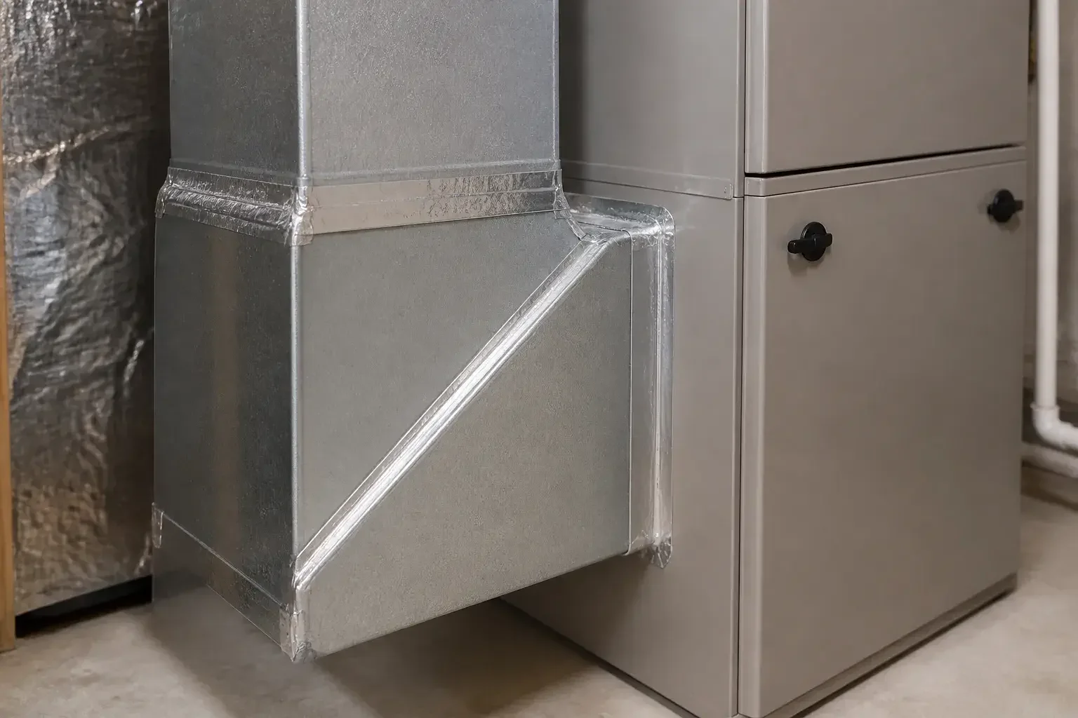 Close detail of sealed ductwork beside a furnace.