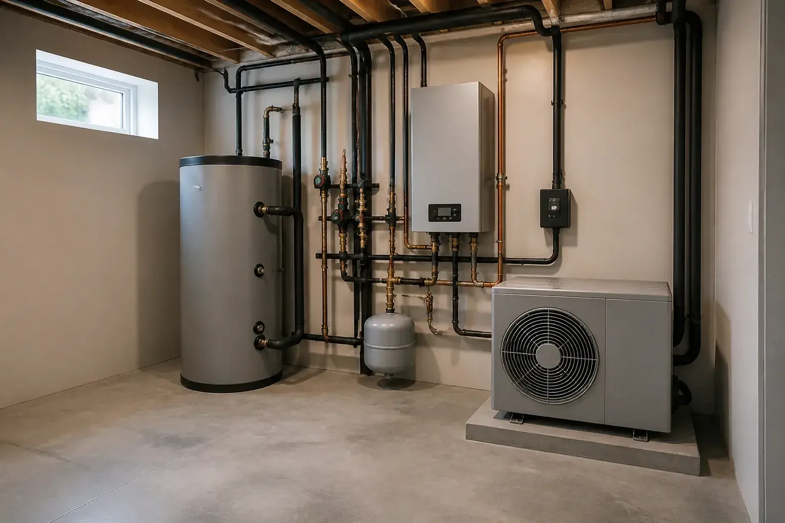Clean basement mechanical room with neat HVAC equipment.