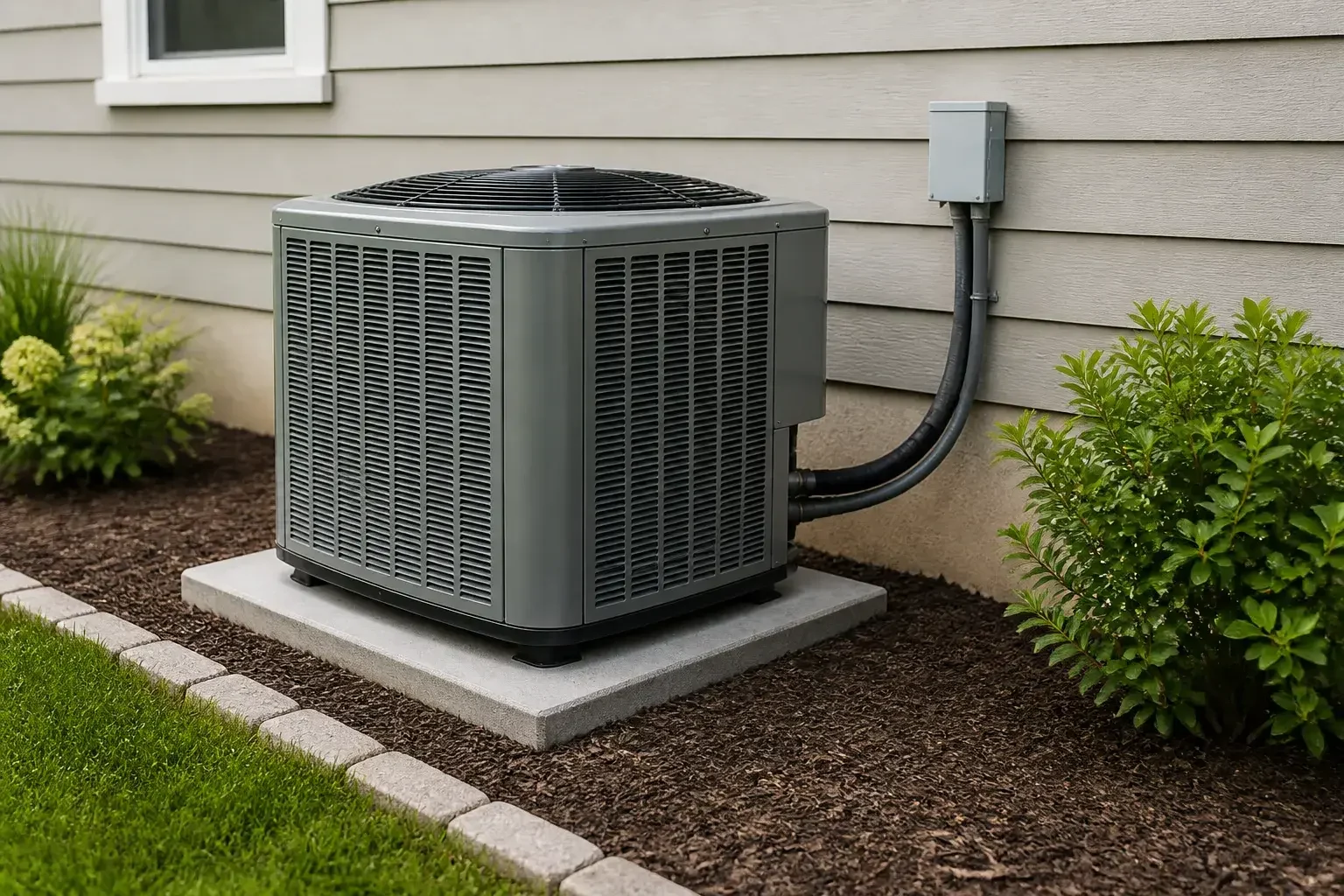 New AC condenser installed beside a home.