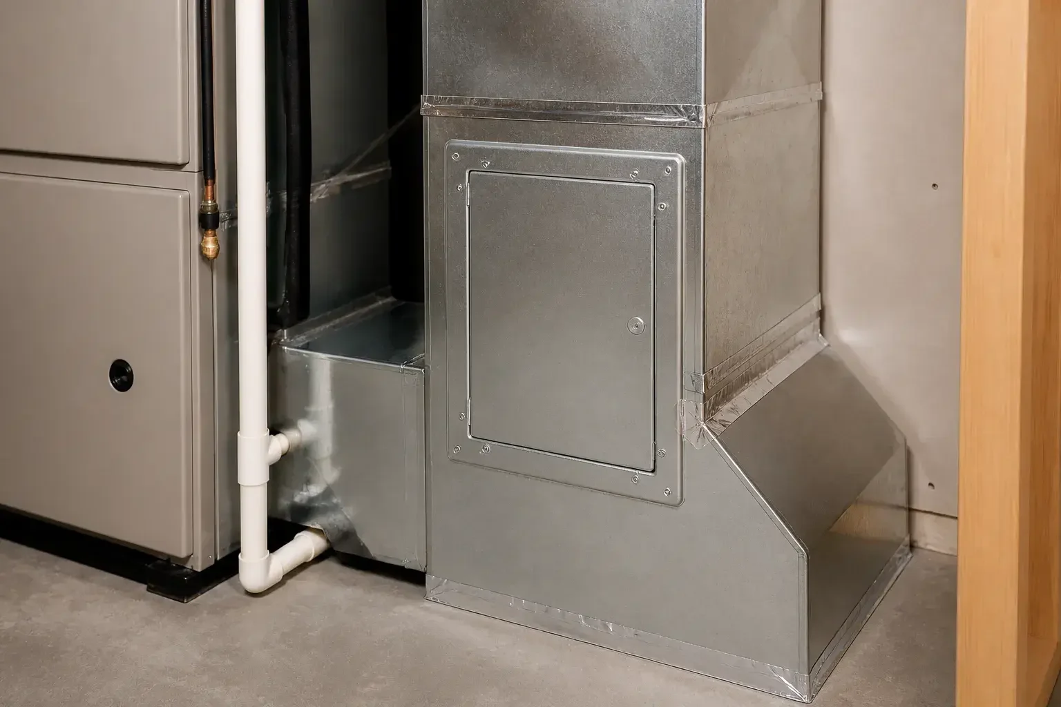 Spotless ductwork in a finished mechanical room.