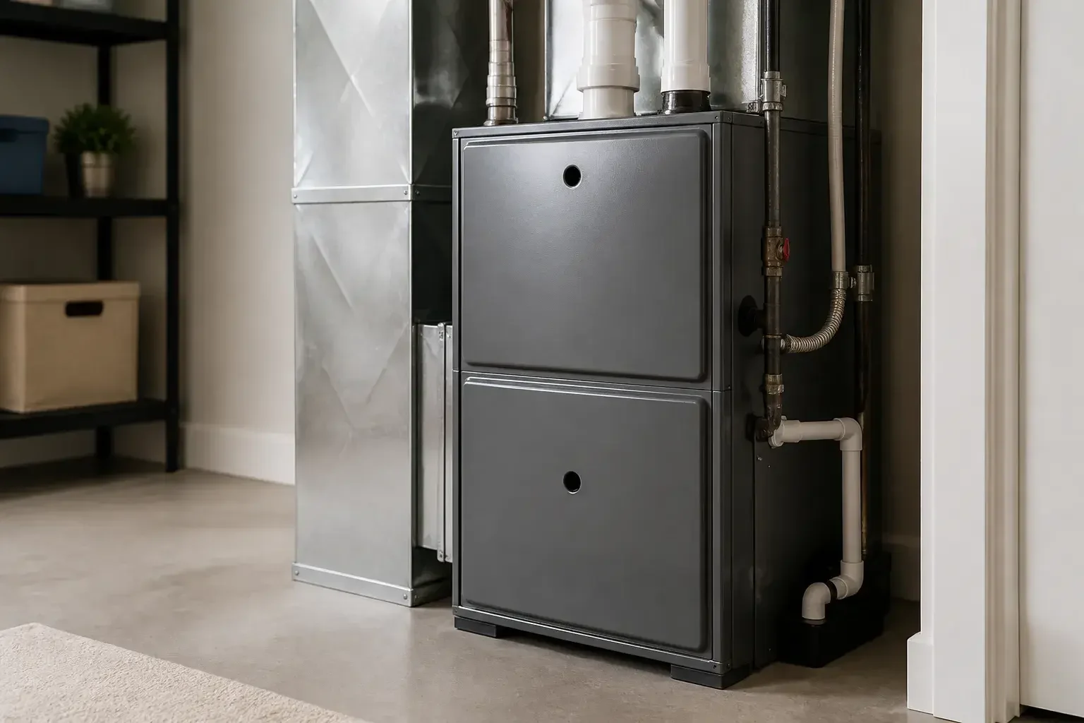 Repaired furnace in a clean utility room.