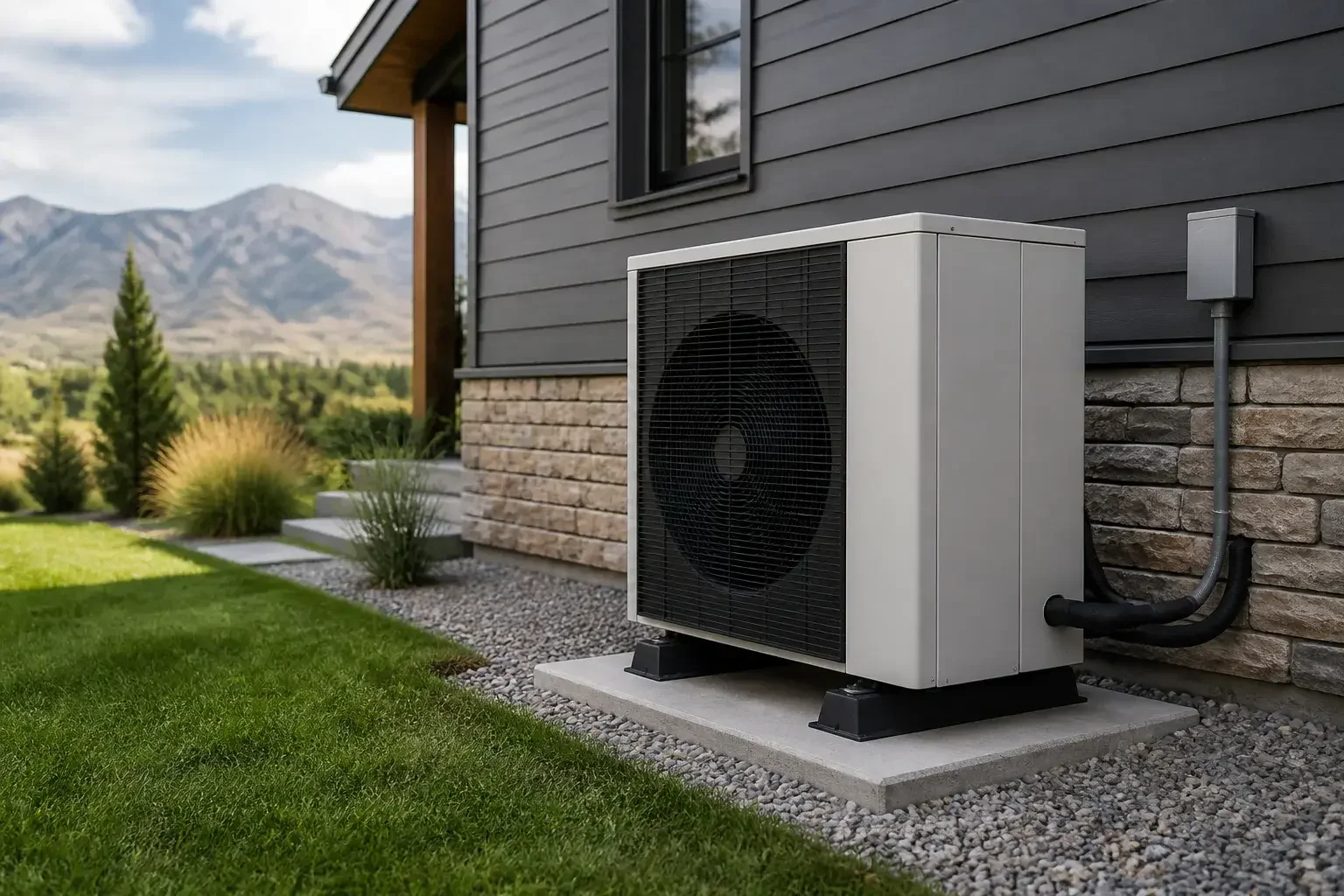 Installed heat pump outside a modern home.