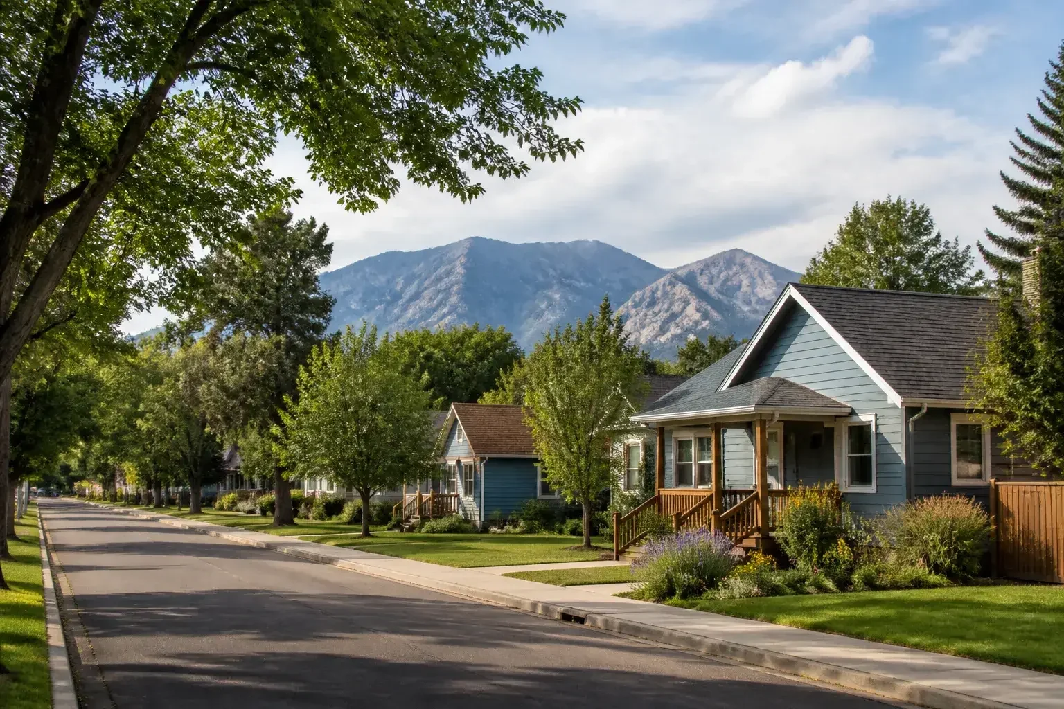 Longmont neighborhood street with tree-lined homes.