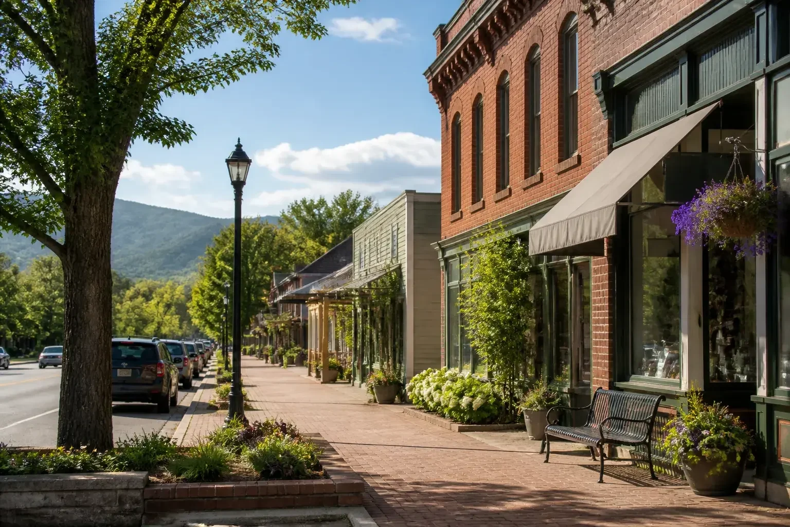 Small-town Niwot street with historic storefronts.