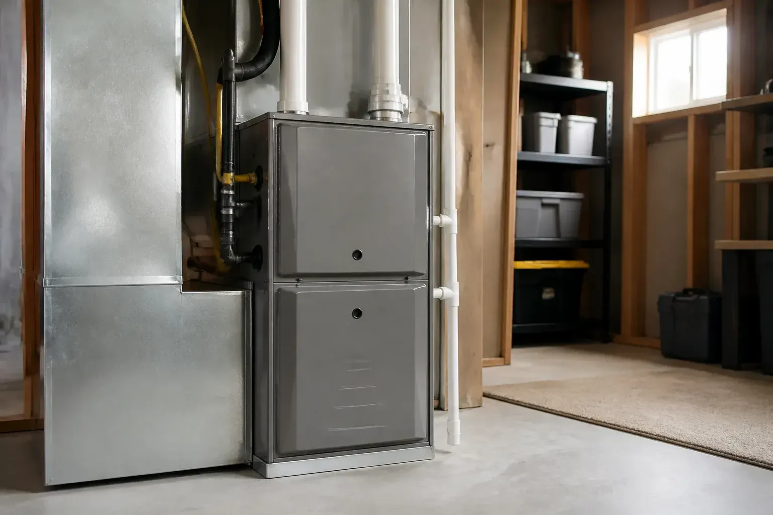 Recently repaired furnace in a clean basement.
